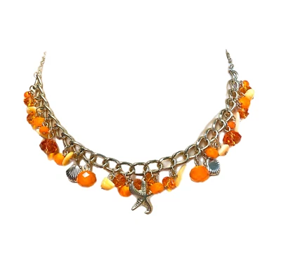Orange & Gold Faceted Crystal Beaded & Agate Chip Starfish Shell Charm Necklace - Image 1 of 4