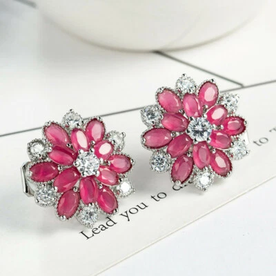 Joyería de Boda Multi Flor Cuarzo Rojo Topacio Blanco Plata Clip En Pendientes Foto 1 de 4