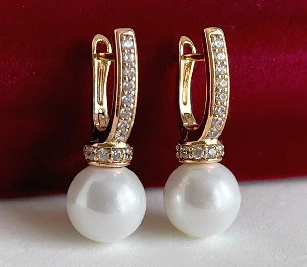 Luxus Perlen Ohrringe Creole Perle Zirkonia Rolled Gold 18K vergoldet Damen 26mm - Bild 1 von 4