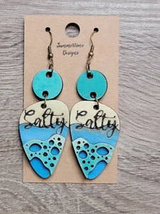 Hand Painted Laser Cut Wood Earrings Salty Beach Dangle 2" - Picture 1 of 1