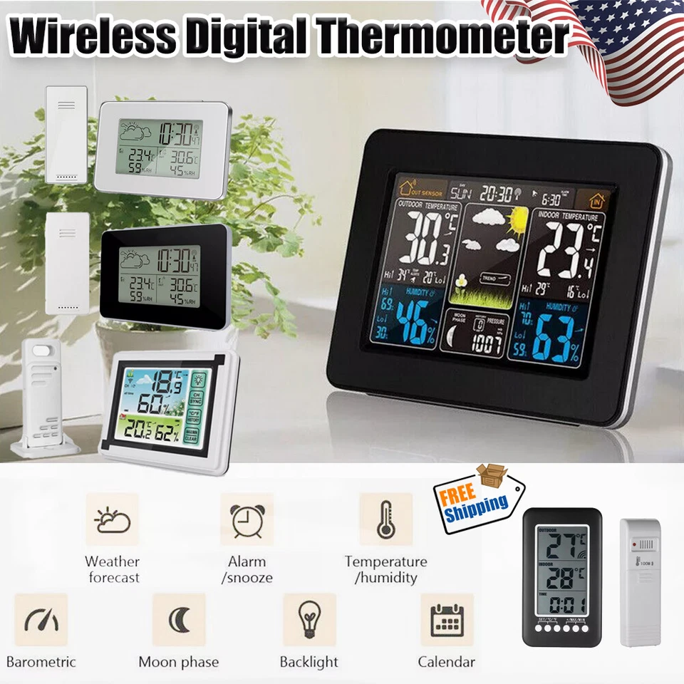 Indoor & Outdoor Weather Station Clock Calendar Digital LCD Thermometer Wireless - Image 1 of 1