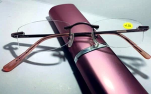 Rimless Italian Designe Readers Reading Glasses 1.25 w Free Case Rose Colored - Picture 1 of 5
