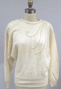 VTG Sweater 80's Kawaii Lolita Visions Big Shoulders Beads Cream NWT - Picture 1 of 5