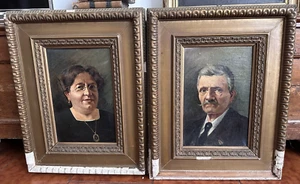Antica coppia ritratti -olio su cartone - primi '900 -uomo-donna - Foto 1 di 11