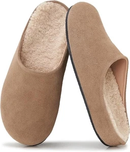 Damen Wildleder Clogs runde Spitze flauschiges Fell gefütterte Pantoletten bequeme Hausschuhe taupe 6 - Bild 1 von 6