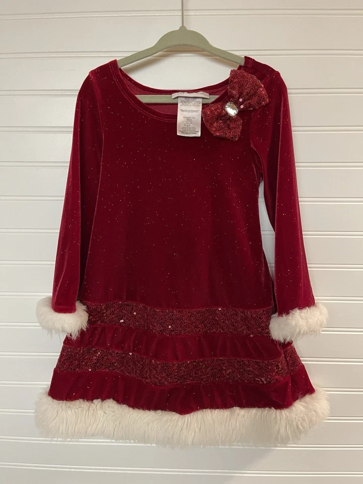 Bonnie Jean Girls Red Mrs Claus Sparkle Velvet Dress Jeweled Bow Faux Fur Sz 4T - Image 1 of 4