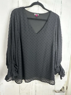 VINCE CAMUTO XL Black V Neck Textured Swiss Dot LONG SLEEVE Blouse - Image 1 of 4