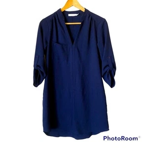 Lush Midi Shirt Dress Womens Navy Blue Pockets Preppy Casual Coastal Minimalist - Picture 1 of 9