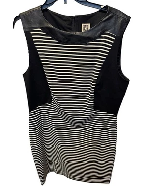 Anne Klein Panel Striped Stretch Dress With Faux Leather Sheath Dress Size 16 - Image 1 of 4