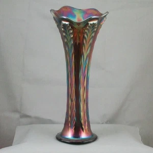 FENTON PLUME PANELS GREEN CARNIVAL GLASS SWUNG VASE - Picture 1 of 5