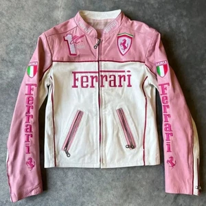 Women's Ferrari Leather Jacket White & Pink - Real Cowhide Leather Racing Jacket - Picture 1 of 6