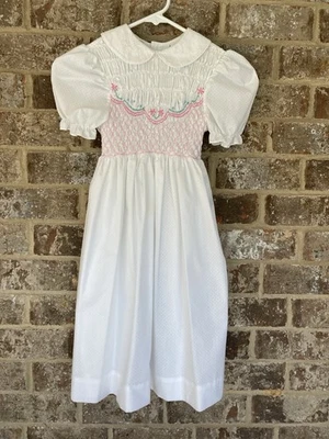 Vestido Vintage Polly Flinders Talla 7 Mano Niña Calado Bordado Lunares Blancos Foto 1 de 4