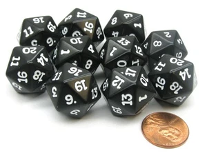 Set of 10 Twenty Sided 19mm D20 Opaque RPG Dice - Black with White Numbers Die - Picture 1 of 1