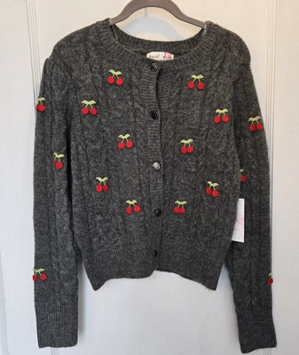 Hazel Moon Women's Long Sleeve Cardigan Cable Knit  Gray w/ Cherries Size Small - Image 1 of 4