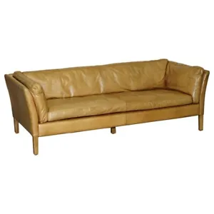 STYLISH SUPER COMFORTABLE LARGE HALO GROUCHO TAN BROWN LEATHER THREE SEAT SOFA - Picture 1 of 18