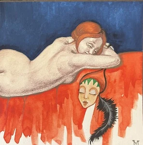 4x4 PINTURA ORIGINAL RYTA Desnudo Máscara Halloween Bruja Dama Carnaval Mujer Erótica - Imagen 1 de 1