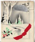 Used Vtg CHRISTMAS CARD-approx 4.5x5.5" Silver ART DECO Sign Trees