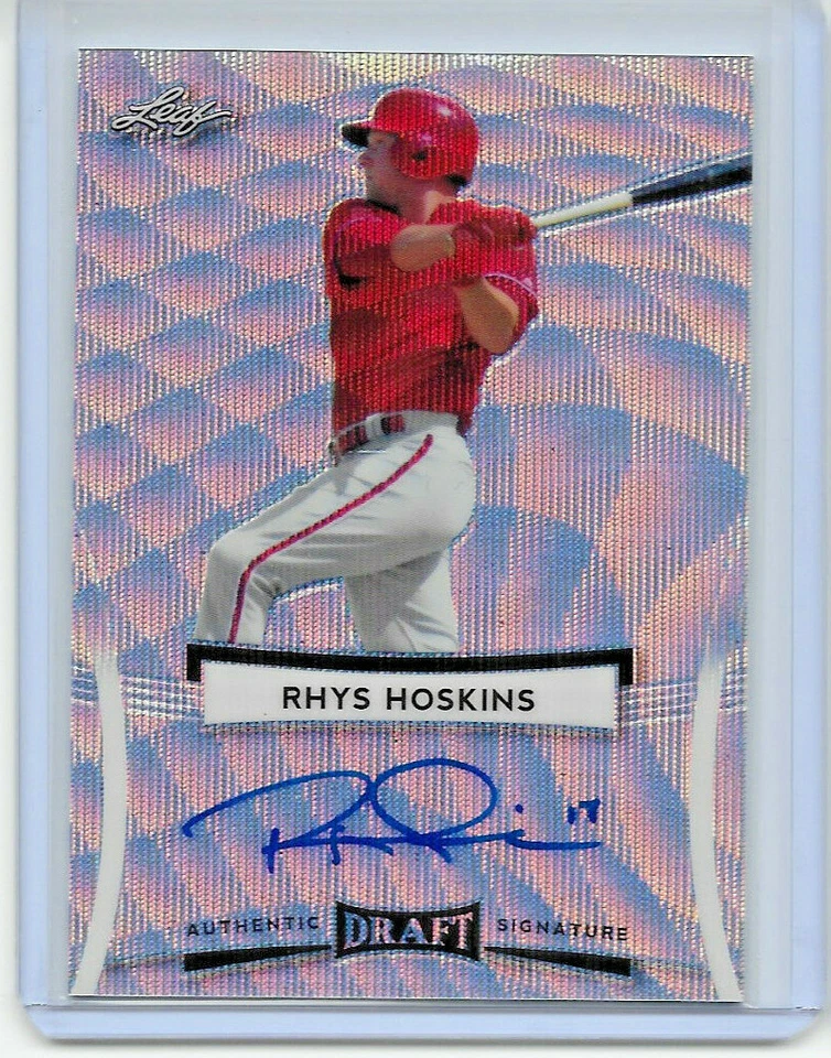 2017 17 LEAF METAL DRAFT RHYS HOSKINS SILVER WAVE ROOKIE REFRACTOR AUTO ON CARD - Image 1 of 1