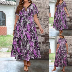 Plus Size Womens Leopard V-Neck Long Maxi Dress Summer Holiday Beach Sundress - Picture 1 of 13