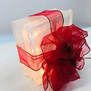 Red Mesh Ribbon  Frosted Christmas Glass Block Holiday Decorative Brick Light - Picture 1 of 12