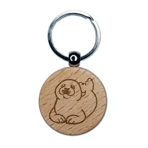 Baby Harp Seal Engraved Wood Round Keychain Tag Charm - Picture 1 of 6