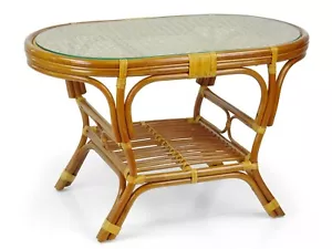 Coffee Oval Pelangi Table with Glass Top Natural Wicker Rattan, Cognac - Picture 1 of 7
