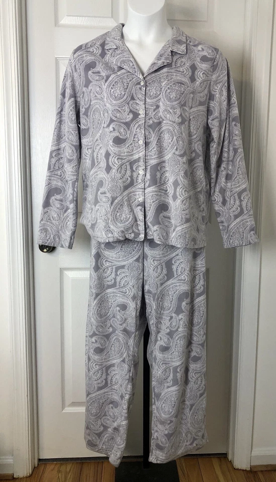Adonna Pajama Set Womens XL Gray Paisley Long Sleeve Button Front Soft Fleece - Image 1 of 4