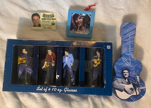 Elvis Presley Souvenir Memorabilia 4 Pc Lot -  Glasses, Ornament, tin, license - Picture 1 of 3