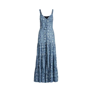 Maxi abito blu a strati nuovo con etichette Lauren Ralph Lauren etichetta nera taglia 18 stampa geo - Foto 1 di 9
