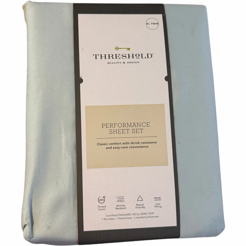 Threshold Twin XL Sheet Set 2 Pillowcases 400TC Cotton Sateen Light Blue Dorm