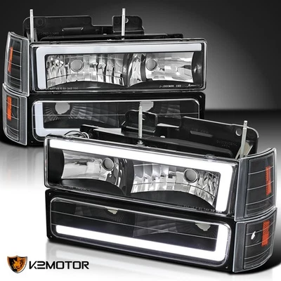 Fits 1994-1998 GMC Sierra C10 C/K 1500 Black LED Tube Headlights Bumper Lamps Foto 1 de 4