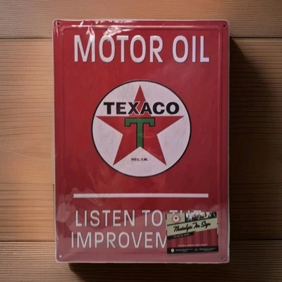 Letrero retro de hojalata de metal para garaje Texaco Motor Oil 17x12" ESCUCHA LA MEJORA  Foto 1 de 2