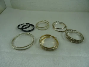 6 pairs Fashion Hoop Earrings Black, Gold & Silver Tone Glitzy Rhinestone 2"- 3" - Picture 1 of 24