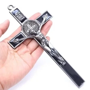 St Benedict Black Silver Enamel Wall 7.5” Cross Crucifix Catholic Crucifijo Cruz - Picture 1 of 2