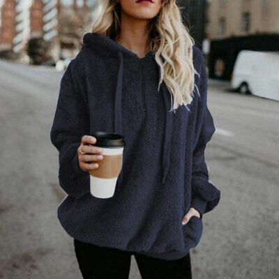 Women Fluffy Faux Fur Jumper Coat Winter Warm Hooded Pullover Sweater Tops • 16€