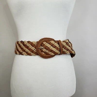 Women's 2" Belt Woven Brown Pleather and Lace with Large Round Buckle 36" - Image 1 of 4
