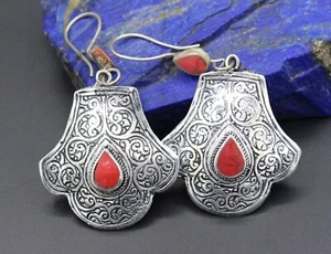 Afghan Turkmen Earrings, Large Coral Stone Carved Costuming Leaf Earrings - Picture 1 of 8