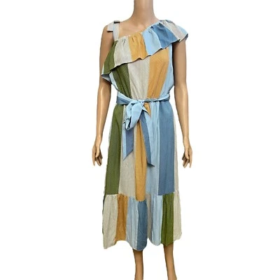 Vestido midi asimétrico LC Lauren Conrad grande a rayas con lazo en capas informal con volantes Foto 1 de 4