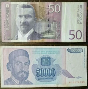 Billete de 50 Dinara (2000) y 50000 Dinara (1993) Yugoslavia papel moneda UNC - Imagen 1 de 5