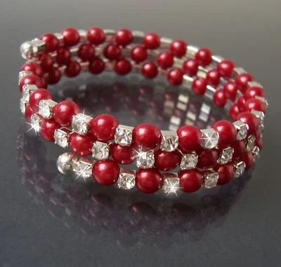 Armreif Silber Perlen Rot Strass klar Armreifen Spiralform Damen Mädchen A1835 - Bild 1 von 3