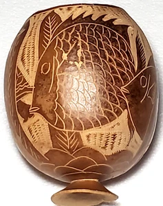 MCM Carved Coconut Tiki Tribal Tropical Fish Turtle Cup Nautical Carving Art Vtg - Picture 1 of 24