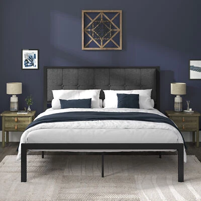Sifurni Full Size Platform Bed with Upholstered Button Tufted Headboard, Gray