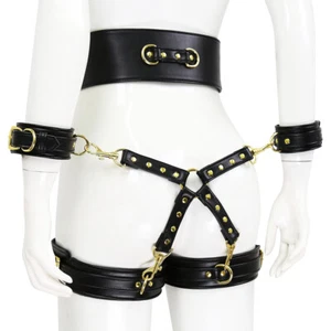 PU Leather Bondage Belt Locking Underwear Body Harness Handcuffs Panties BDSM - Picture 1 of 26