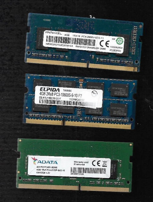 Elpida 4G 2RX8 PC3-10600S DDR3 1333 SODIMM ,Ramaxl 4GB DDR4-2666v,Adata 4GB DDR4 - Image 1 of 1