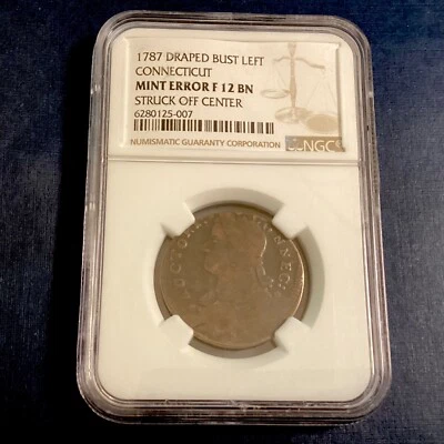 1787 Connecticut Draped Bust Left Colonial Copper Coin  NGC F 12 BN - OFF CENTER - Image 1 of 4