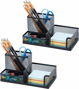 2 Pack Black Pen Holder - Mesh Desk Organizer Office Supplies Caddy with Sticky - Picture 1 of 8
