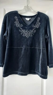 Lo último Top Algodón Negro Terciopelo Manga 3/4 Talla M Suave Bordado Bling Cuello en V Foto 1 de 4