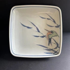 Vtg Gump’s Pedestal Porcelain Square Dish Bowl Hand Painted King Fisher Bird 8” - Picture 1 of 24
