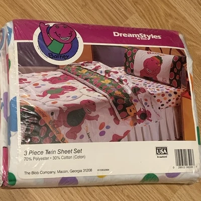 New Barney Twin Sheet Set 3 Piece Fitted Flat Sheet Pillowcase 1992 DreamStyles - Image 1 of 2