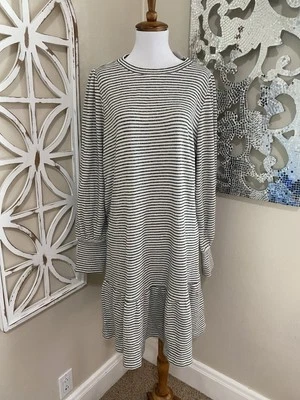 NWT LOFT xlarge BLACK IVORY STRIPE METALLIC LONG SLEEVE KNIT SHIFT DRESS - Image 1 of 4
